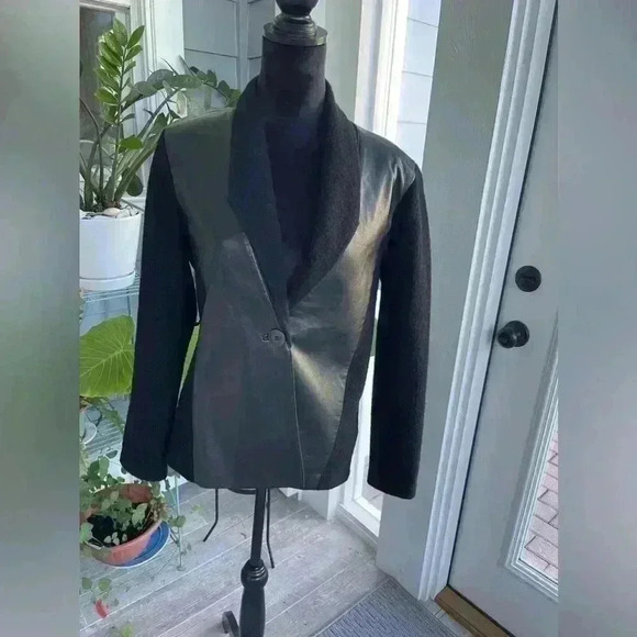 Joan of New York collection Jacket Black Merino Wool & Leather Size Med. - Picture 1 of 8